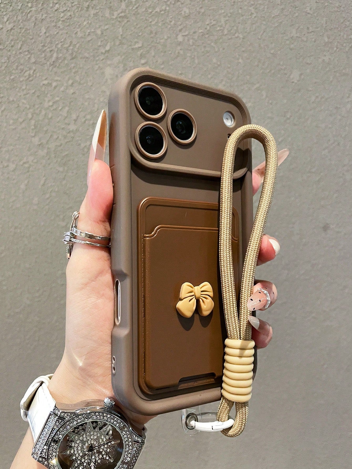 1pc Luxury Minimalist Bow Card Holder Diamond Sand Gradient Phone Case With Lanyard, Compatible With Apple 17/17Pro/17promax/16/16Pro/16Promax/15/15Pro/15Promax/14/13/12/11 Protective Cover