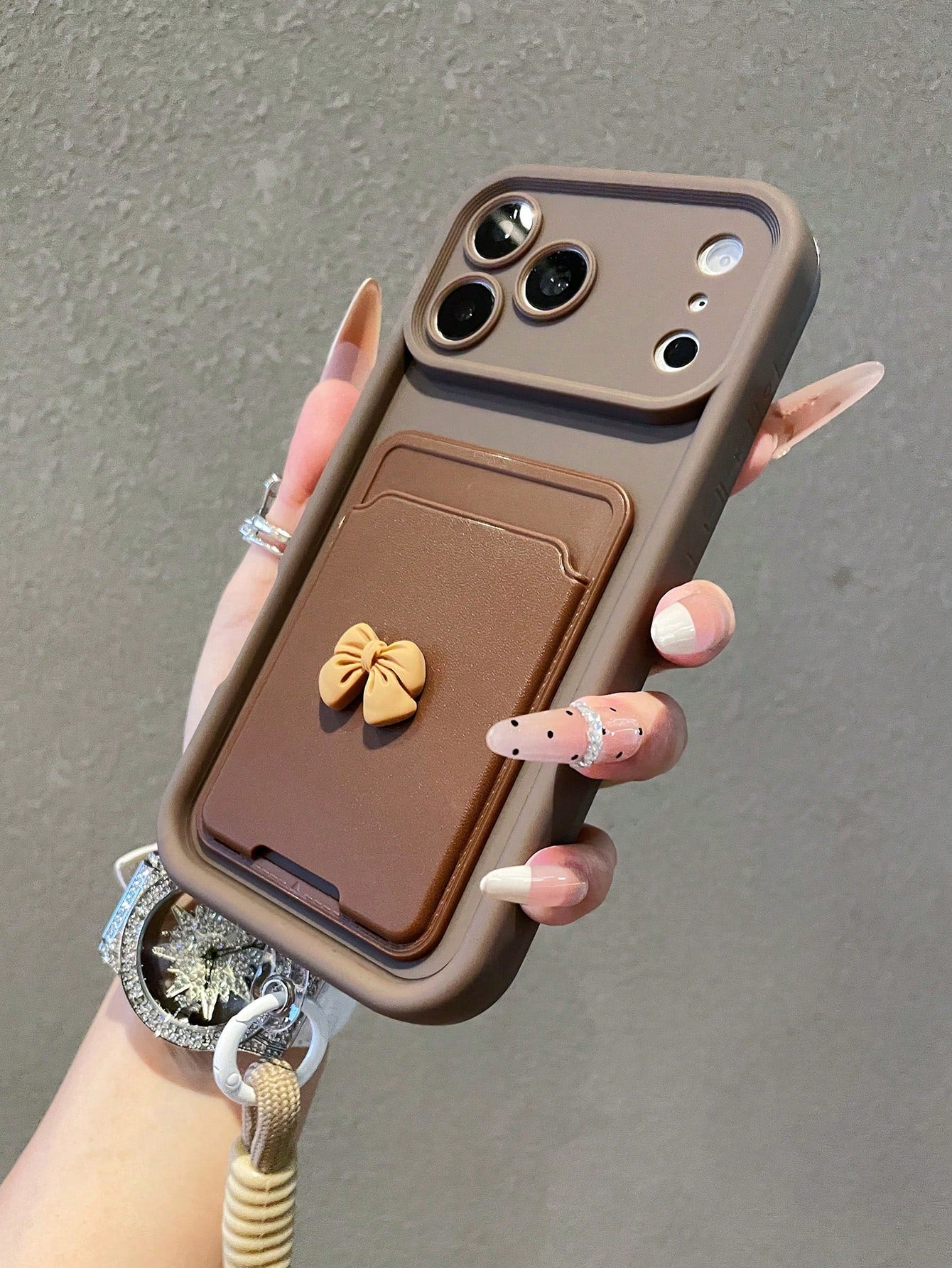 1pc Luxury Minimalist Bow Card Holder Diamond Sand Gradient Phone Case With Lanyard, Compatible With Apple 17/17Pro/17promax/16/16Pro/16Promax/15/15Pro/15Promax/14/13/12/11 Protective Cover
