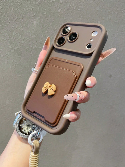 1pc Luxury Minimalist Bow Card Holder Diamond Sand Gradient Phone Case With Lanyard, Compatible With Apple 17/17Pro/17promax/16/16Pro/16Promax/15/15Pro/15Promax/14/13/12/11 Protective Cover