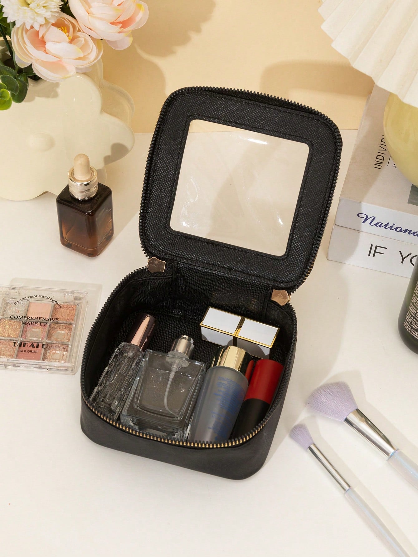 1pc Makeup Bag Pink, White, Black, Single-Sided Transparent, Medium Size Waterproof, Lipstick Storage Bag, Women's Makeup Bag, Small Makeup Storage Box, Women's Travel Bag, Large Capacity Makeup Brush