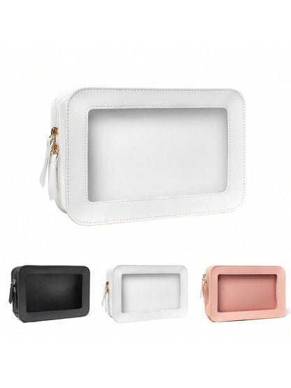 1pc Makeup Bag Pink, White, Black, Single-Sided Transparent, Medium Size Waterproof, Lipstick Bag, Women's Makeup Bag, Small Bag Storage Makeup Box, Women's Travel Bag, Large Capacity Makeup Brush Sto