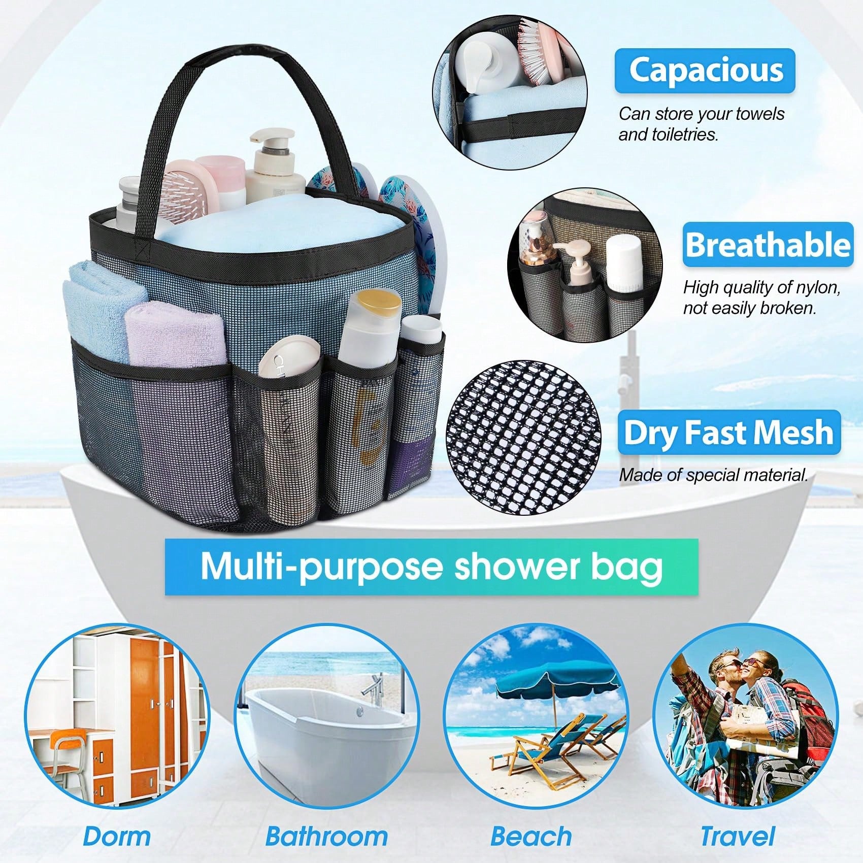 1pc Mesh Shower Caddy Basket Portable For College Dorm Room Essentials,Portable Bathroom Organizer For Travel,Shower Caddy Dorm With 8-Pocket Large Capacity,Shower Bag For Beach,Swimming,Gym