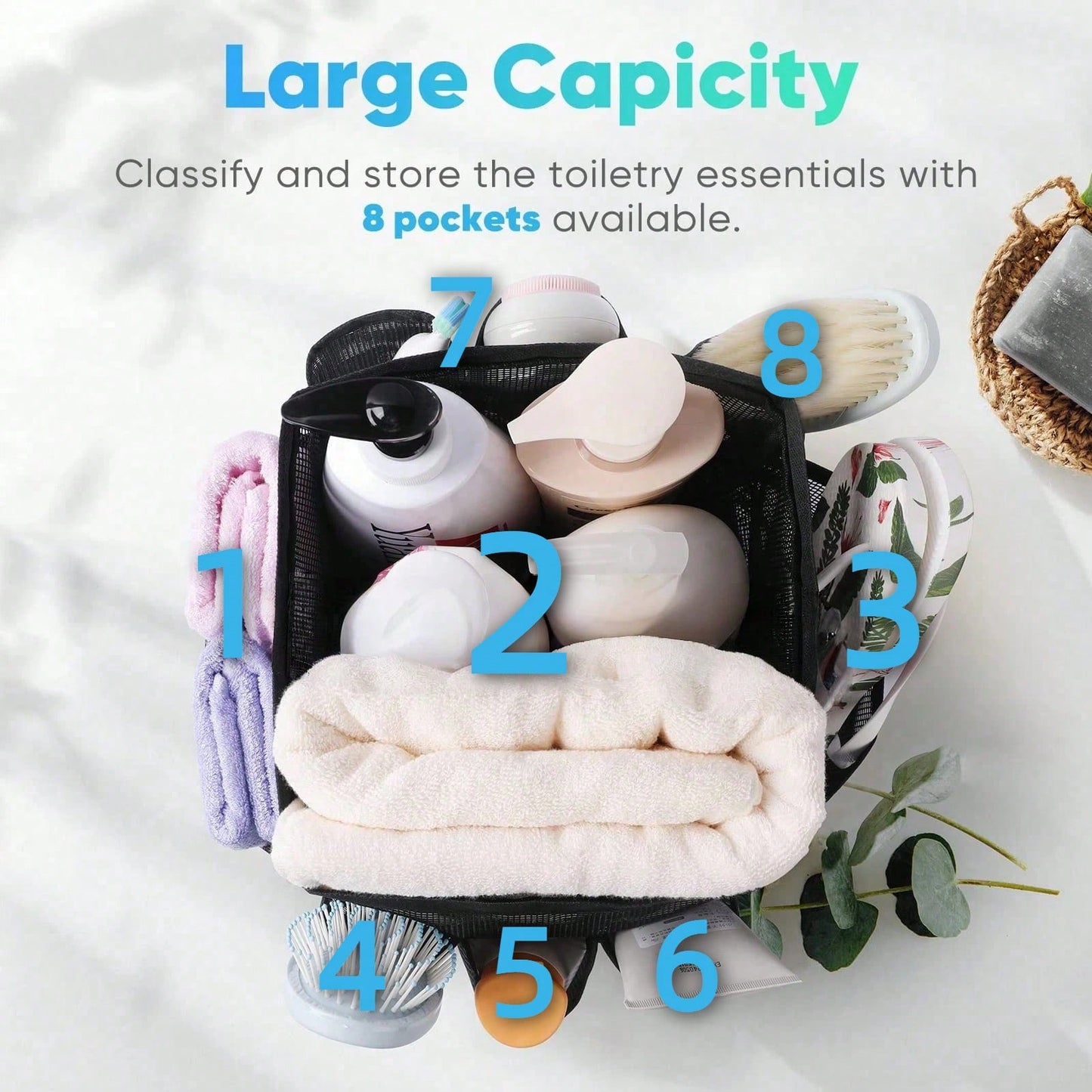 1pc Mesh Shower Caddy, Portable, Suitable For College Dorms, Travel Essential Bathroom Storage, Large Capacity 8-Pocket Shower Caddy, Also Suitable For Beach, Swimming, Gym And More