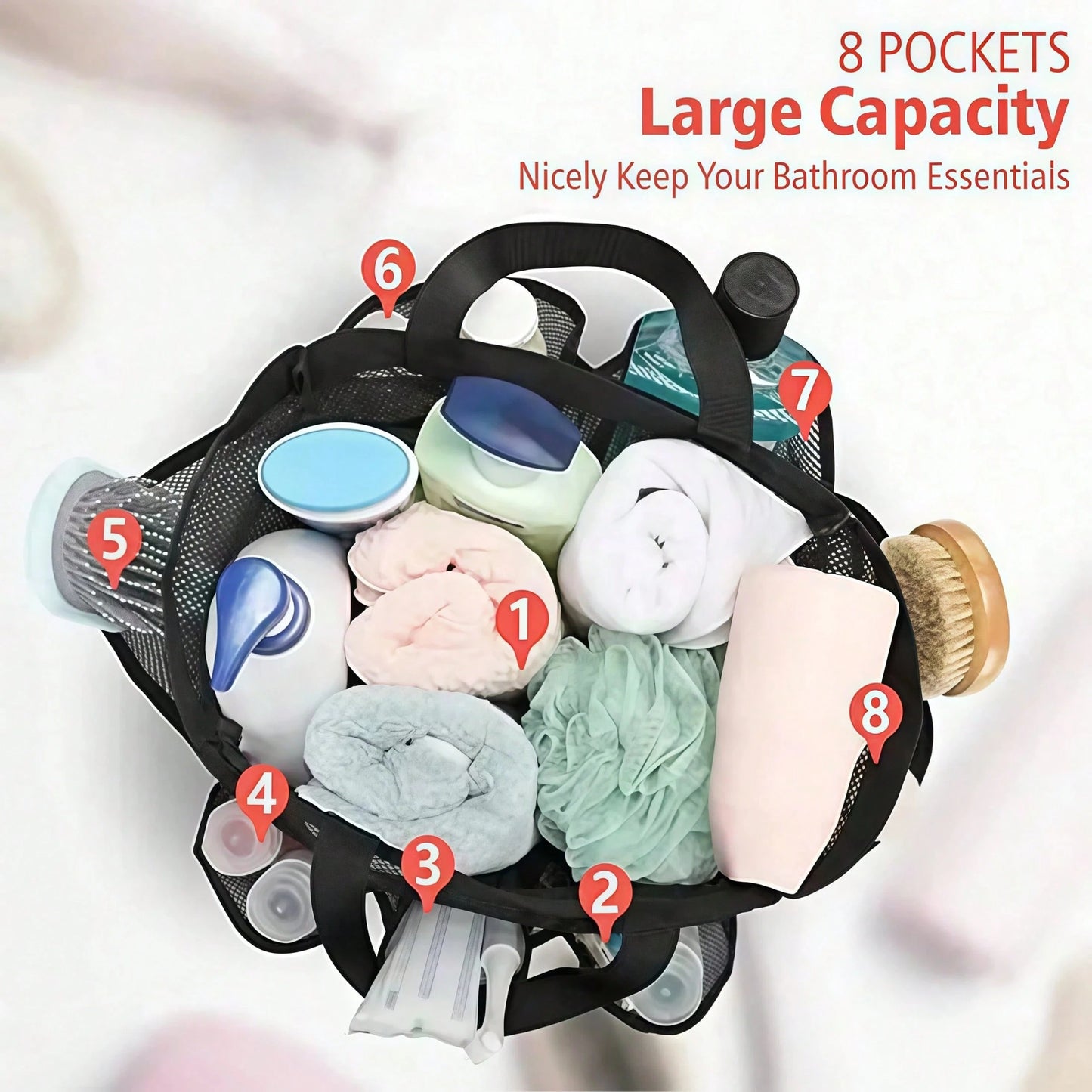 1pc Mesh Shower Caddy, Portable, Suitable For College Dorms, Travel Essential Bathroom Storage, Large Capacity 8-Pocket Shower Caddy, Also Suitable For Beach, Swimming, Gym And More