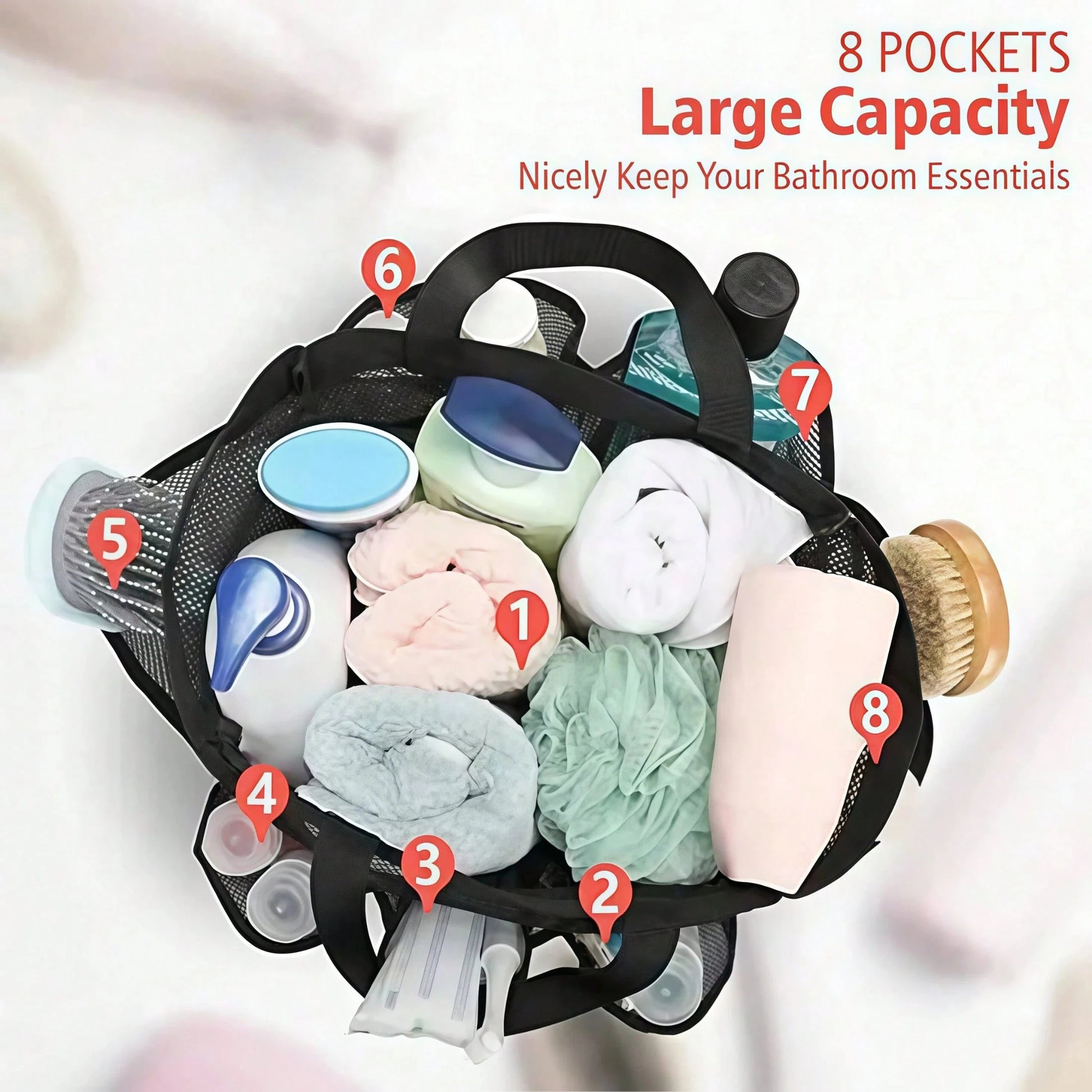 1pc Mesh Shower Caddy, Portable, Suitable For College Dorms, Travel Essential Bathroom Storage, Large Capacity 8-Pocket Shower Caddy, Also Suitable For Beach, Swimming, Gym And More