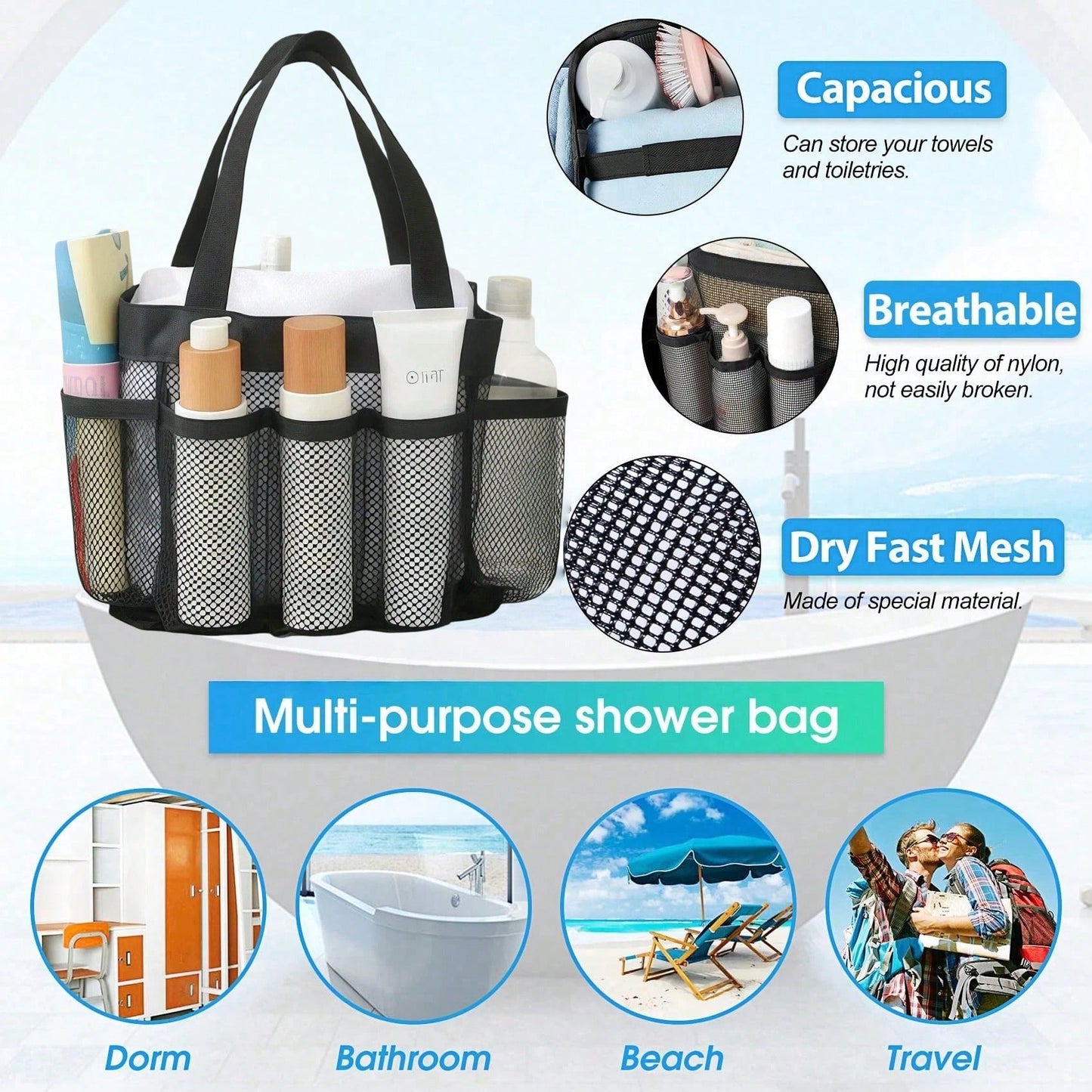 1pc Mesh Shower Caddy, Portable, Suitable For College Dorms, Travel Essential Bathroom Storage, Large Capacity 8-Pocket Shower Caddy, Also Suitable For Beach, Swimming, Gym And More