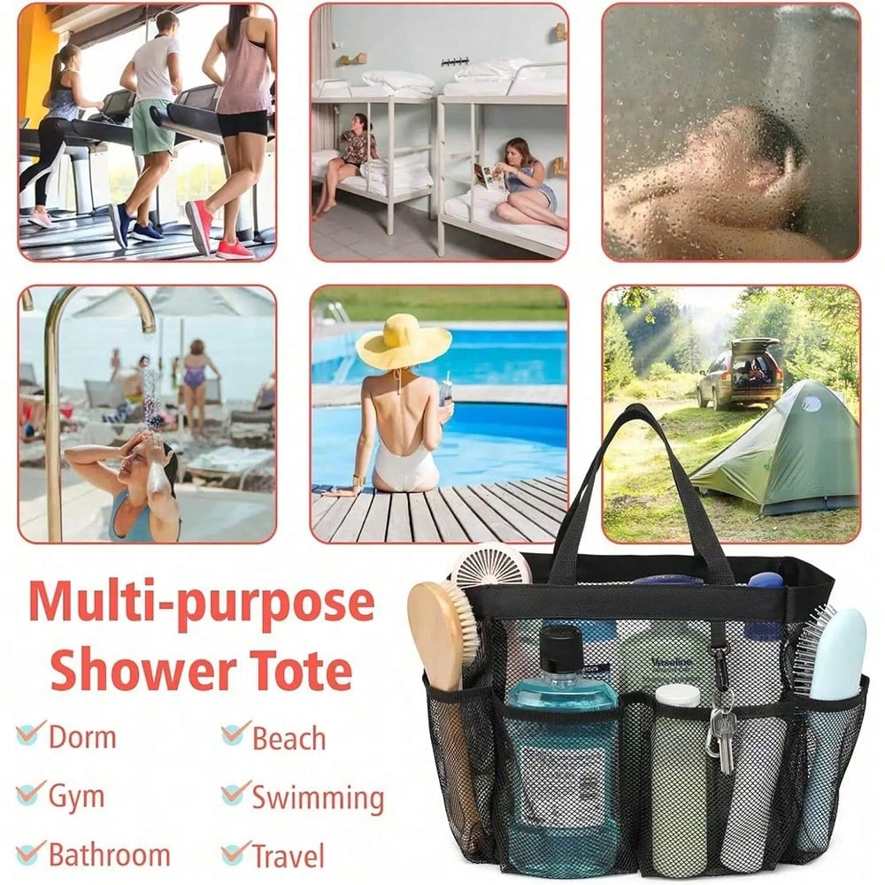 1pc Mesh Shower Caddy, Portable, Suitable For College Dorms, Travel Essential Bathroom Storage, Large Capacity 8-Pocket Shower Caddy, Also Suitable For Beach, Swimming, Gym And More