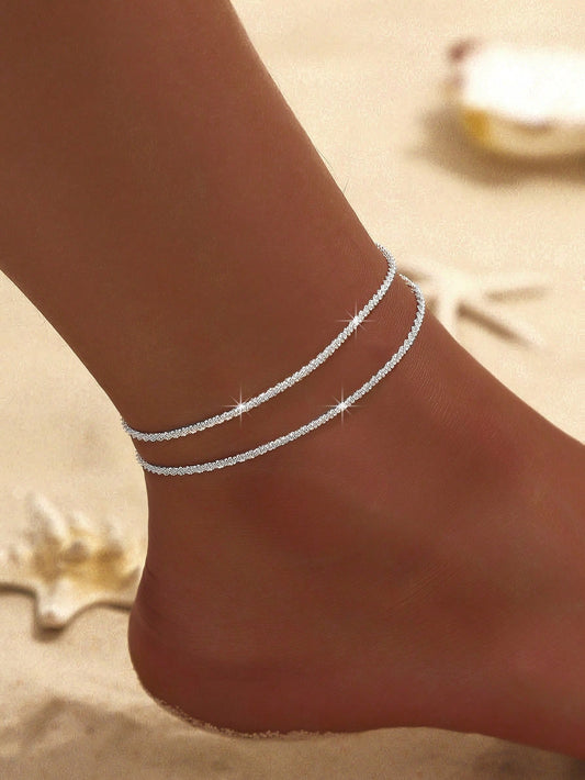 1pc Minimalist Charming Double-Chain Silver Anklet, Women's Fashion Shiny Beach Holiday Travel Jewelry Couples Anklet