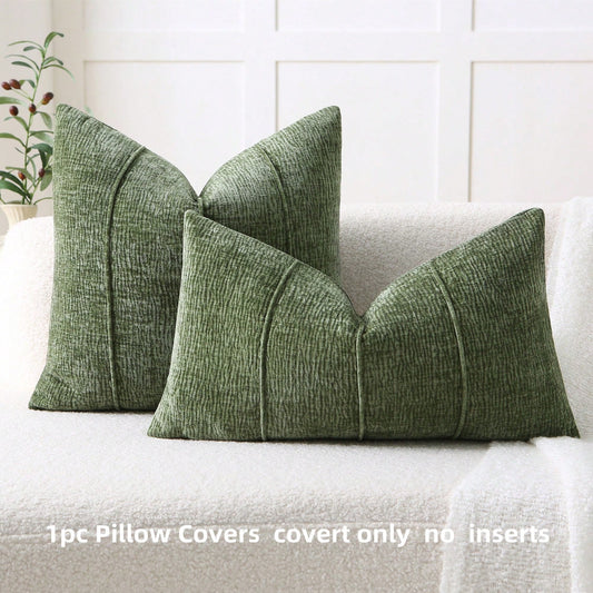1pc Minimalist Chenille Square Pillow Case (Pillow Insert Not Included), 3D Piped Design, Luxury Sofa Bed Pillow Cover, Suitable For Living Room And Bedroom Decor, Green, Dark Green, Forest Green
