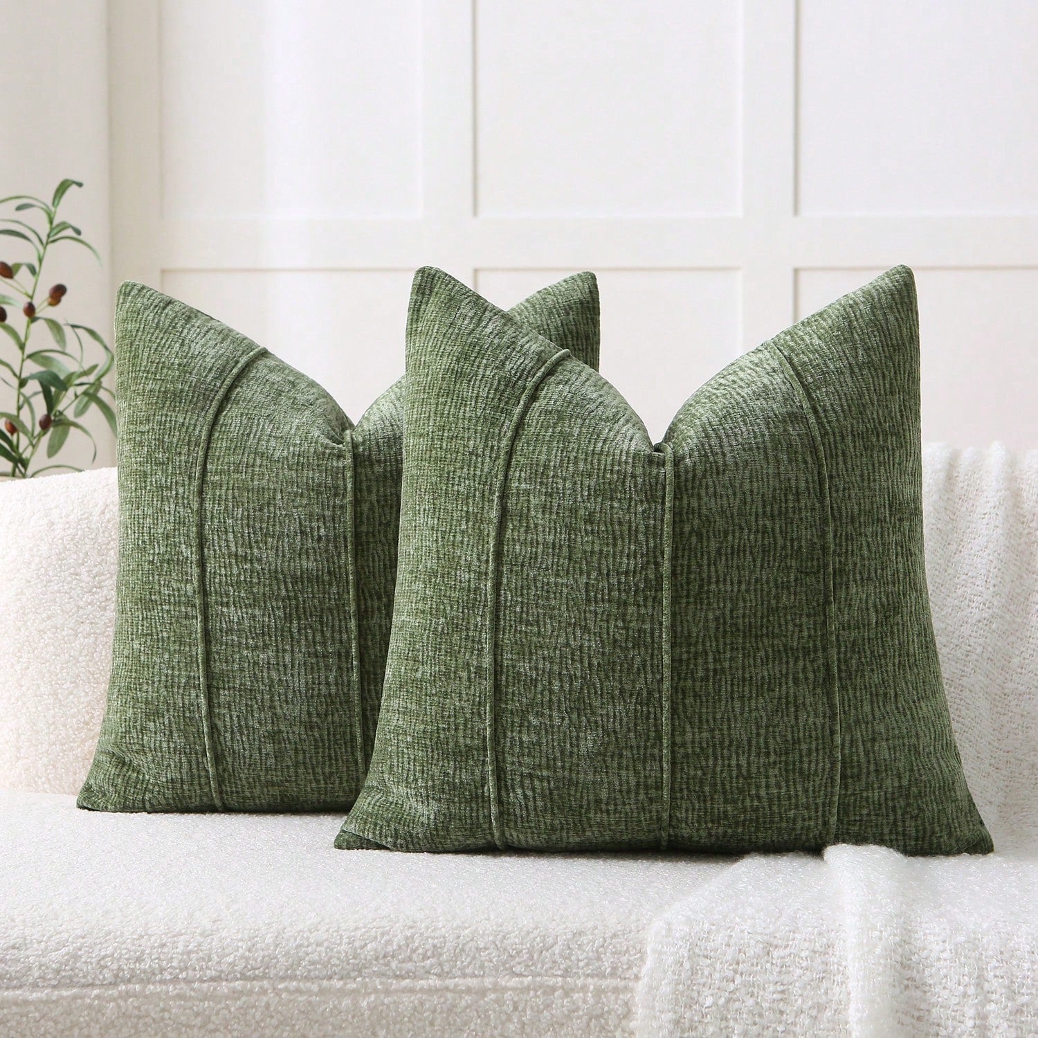 1pc Minimalist Chenille Square Pillow Case (Pillow Insert Not Included), 3D Piped Design, Luxury Sofa Bed Pillow Cover, Suitable For Living Room And Bedroom Decor, Green, Dark Green, Forest Green