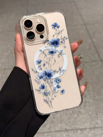 1pc Minimalist & Fashionable Blue Floral Pattern Magnetic Phone Case Compatible With Apple Phones: XS/XS Max/XR/11/12/13/14/14Plus/15/15Plus/16/16Plus/7/8Plus Waterproof Shockproof Anti-Fall Scratch R