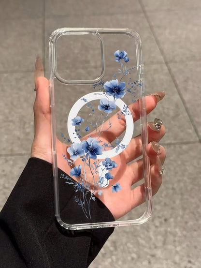 1pc Minimalist & Fashionable Blue Floral Pattern Magnetic Phone Case Compatible With Apple Phones: XS/XS Max/XR/11/12/13/14/14Plus/15/15Plus/16/16Plus/7/8Plus Waterproof Shockproof Anti-Fall Scratch R