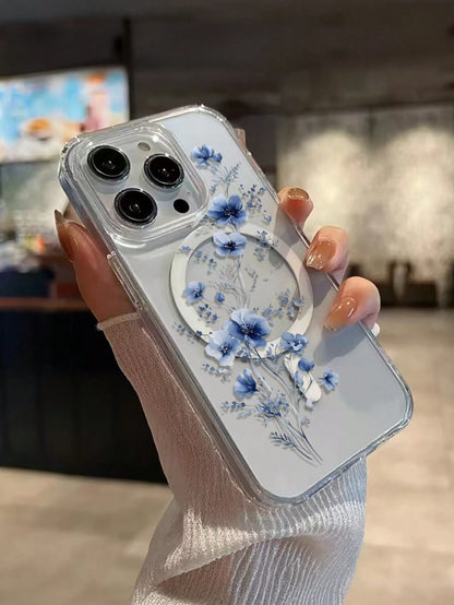 1pc Minimalist & Fashionable Blue Floral Pattern Magnetic Phone Case Compatible With Apple Phones: XS/XS Max/XR/11/12/13/14/14Plus/15/15Plus/16/16Plus/7/8Plus Waterproof Shockproof Anti-Fall Scratch R