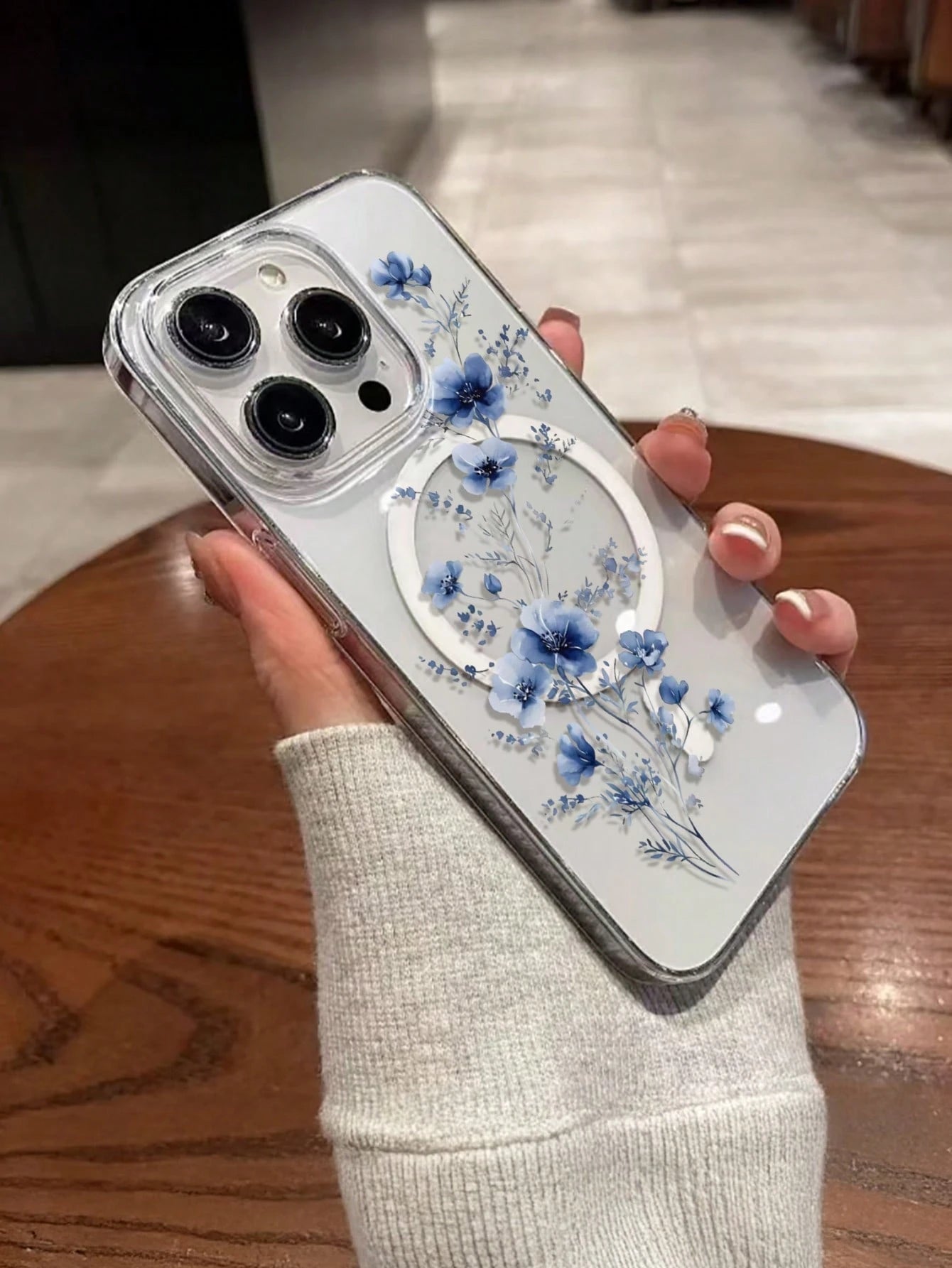 1pc Minimalist & Fashionable Blue Floral Pattern Magnetic Phone Case Compatible With Apple Phones: XS/XS Max/XR/11/12/13/14/14Plus/15/15Plus/16/16Plus/7/8Plus Waterproof Shockproof Anti-Fall Scratch R