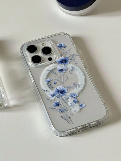 1pc Minimalist & Fashionable Blue Floral Pattern Magnetic Phone Case Compatible With Apple Phones: XS/XS Max/XR/11/12/13/14/14Plus/15/15Plus/16/16Plus/7/8Plus Waterproof Shockproof Anti-Fall Scratch R