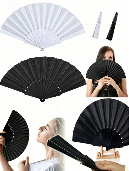 1pc Minimalist Solid Color Folding Fan - Chinese Style Women's Handheld Fan, Plastic Fan Ribs, Suitable For Party, Wedding Favor, Home Decor, Dance Performance, DIY Decoration (Black, White)