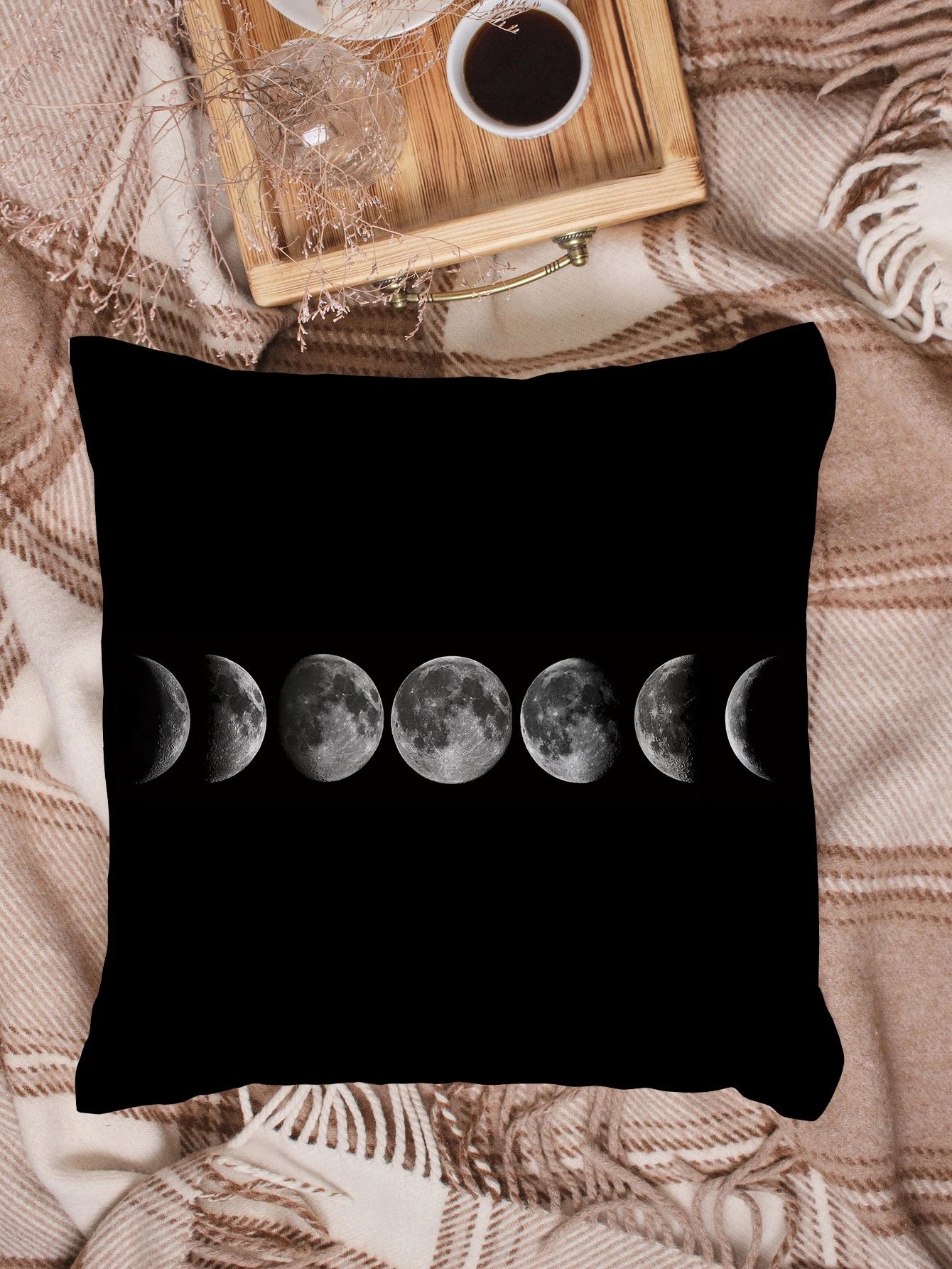 1pc Moon Phase Print Cushion Cover Without Filler, Modern Throw Pillow Case, Pillow Insert Not Include, For Sofa, Living Room