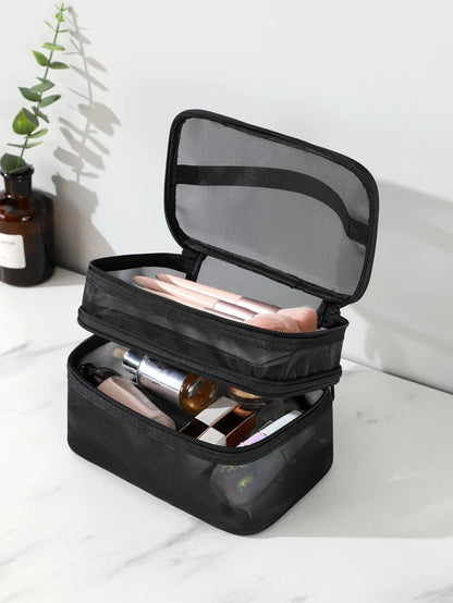 1Pc Multifunction Black Mesh Large Capacity Double Layer Travel Partition Storage Makeup Bag For Women Girls Makeup Bag Makeup Pouch Skincare Bag Toiletry Bag Packing Cubes, Travel Essentials Cruise E