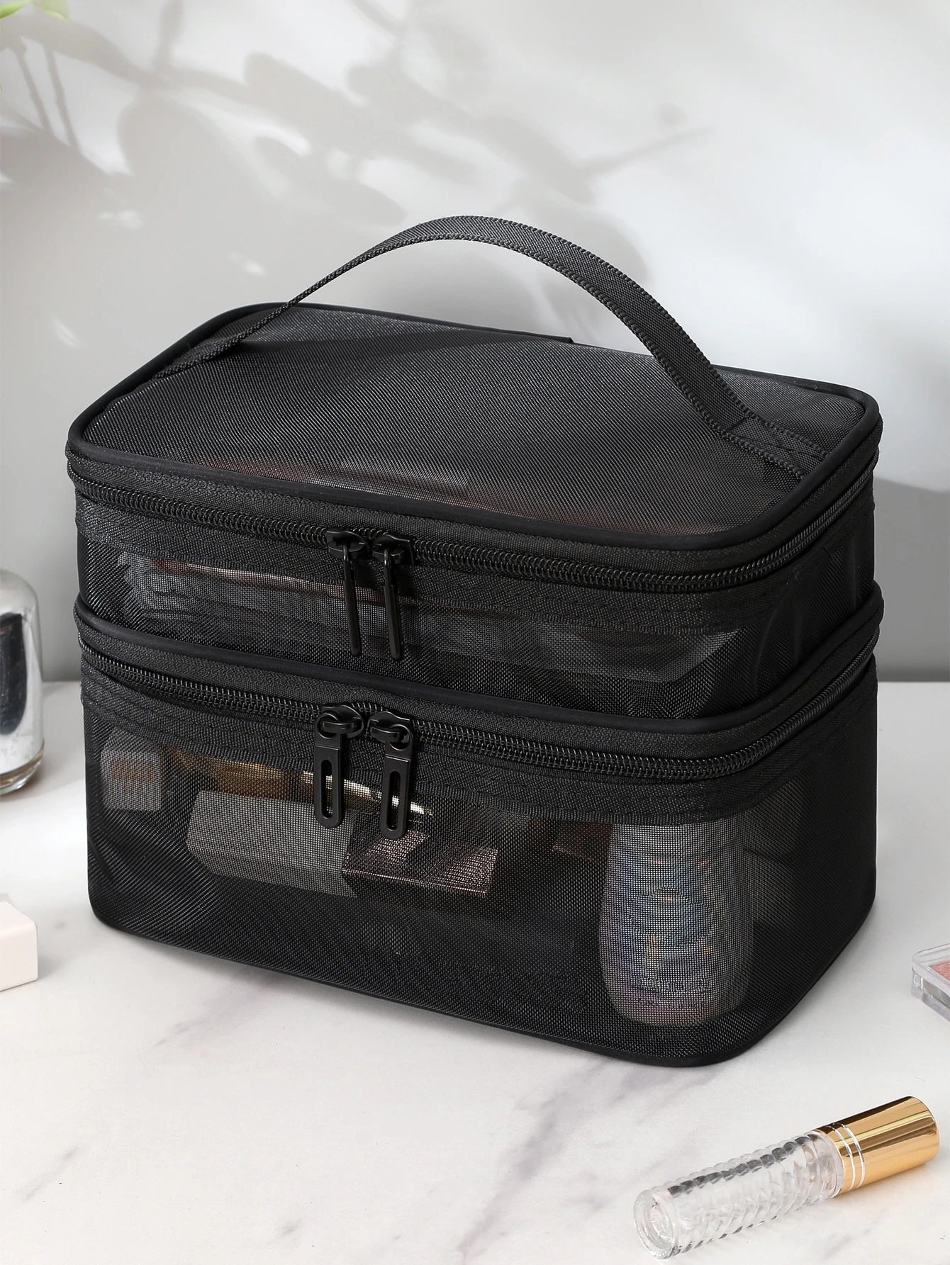 1Pc Multifunction Black Mesh Large Capacity Double Layer Travel Partition Storage Makeup Bag For Women Girls Makeup Bag Makeup Pouch Skincare Bag Toiletry Bag Packing Cubes, Travel Essentials Cruise E