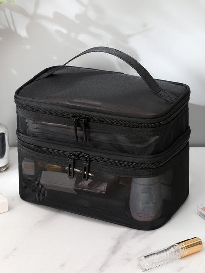 1Pc Multifunction Black Mesh Large Capacity Double Layer Travel Partition Storage Makeup Bag For Women Girls Makeup Bag Makeup Pouch Skincare Bag Toiletry Bag Packing Cubes, Travel Essentials Cruise E