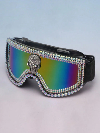 1pc New Elegant Beaded Skull Large Frame Colorful Film Skiing Goggles, Dust-Proof And Sand-Proof Cycling Protective Eyewear