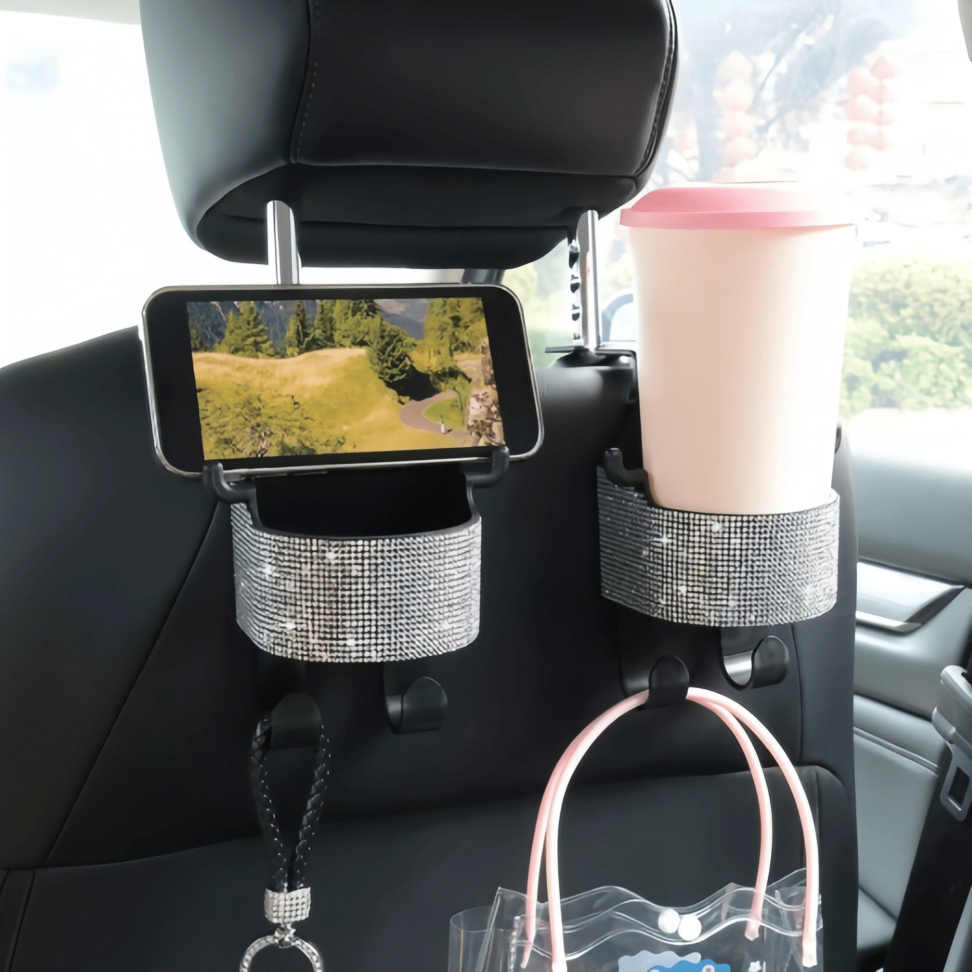 1pc New Rhinestone Multifunctional Car Seat Organizer Bag With Cup Holder, 2-In-1 Car Hook, Easy Installation- Durable ABS Material Storage Bag, Convenient To Carry