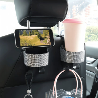 1pc New Rhinestone Multifunctional Car Seat Organizer Bag With Cup Holder, 2-In-1 Car Hook, Easy Installation- Durable ABS Material Storage Bag, Convenient To Carry