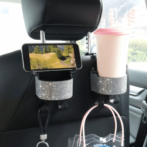 1pc New Rhinestone Multifunctional Car Seat Organizer Bag With Cup Holder, 2-In-1 Car Hook, Easy Installation- Durable ABS Material Storage Bag, Convenient To Carry