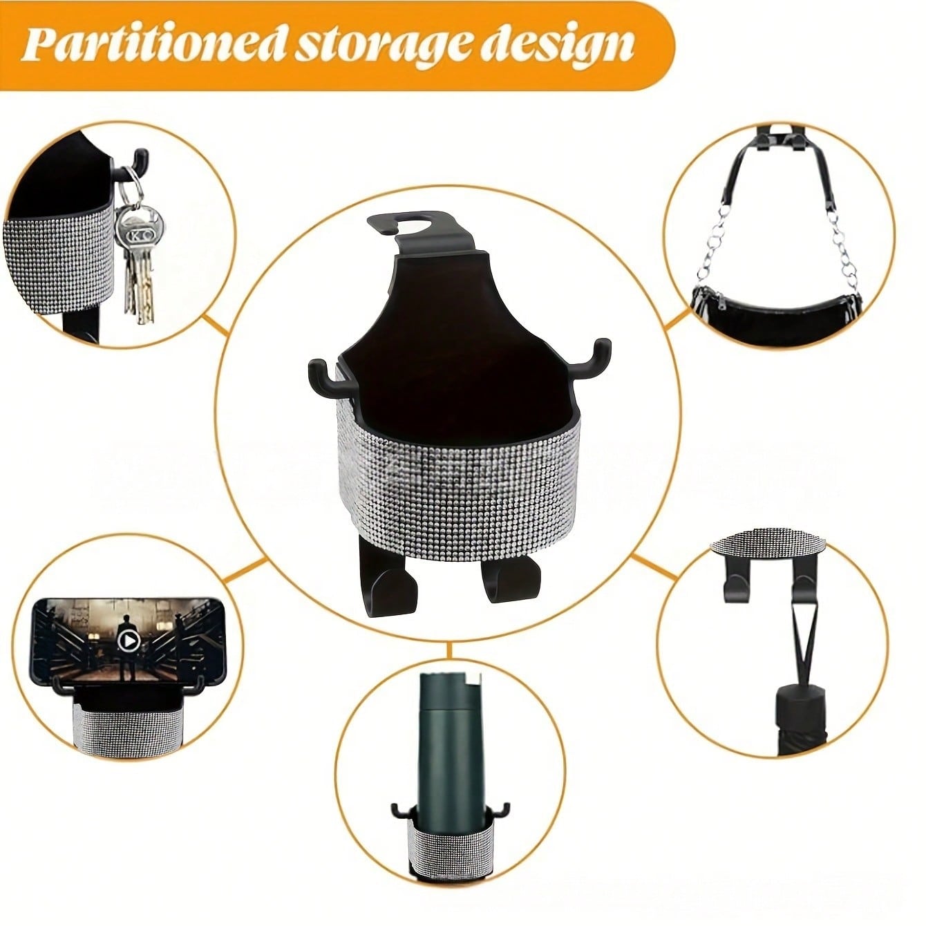 1pc New Rhinestone Multifunctional Car Seat Organizer Bag With Cup Holder, 2-In-1 Car Hook, Easy Installation- Durable ABS Material Storage Bag, Convenient To Carry