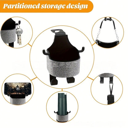 1pc New Rhinestone Multifunctional Car Seat Organizer Bag With Cup Holder, 2-In-1 Car Hook, Easy Installation- Durable ABS Material Storage Bag, Convenient To Carry