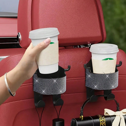 1pc New Rhinestone Multifunctional Car Seat Organizer Bag With Cup Holder, 2-In-1 Car Hook, Easy Installation- Durable ABS Material Storage Bag, Convenient To Carry