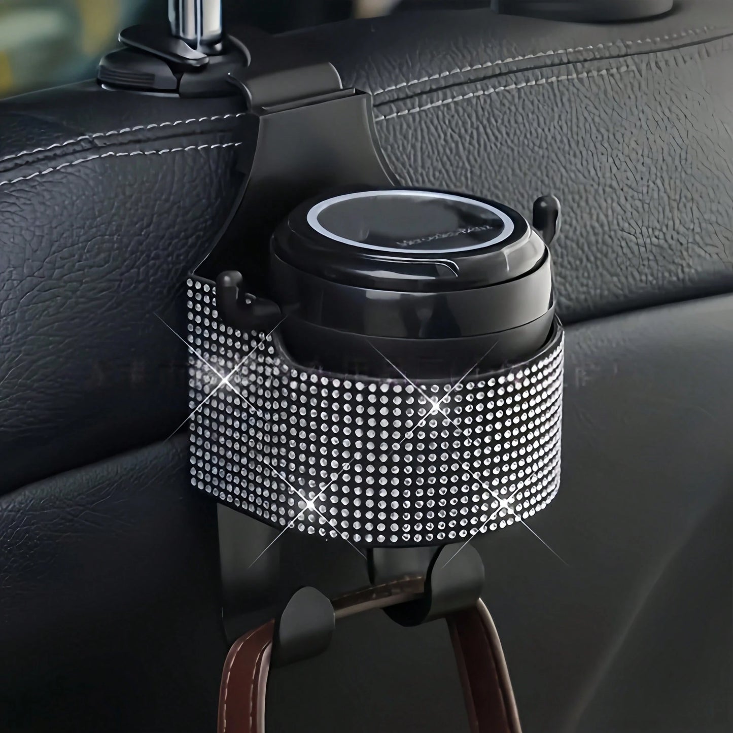 1pc New Rhinestone Multifunctional Car Seat Organizer Bag With Cup Holder, 2-In-1 Car Hook, Easy Installation- Durable ABS Material Storage Bag, Convenient To Carry