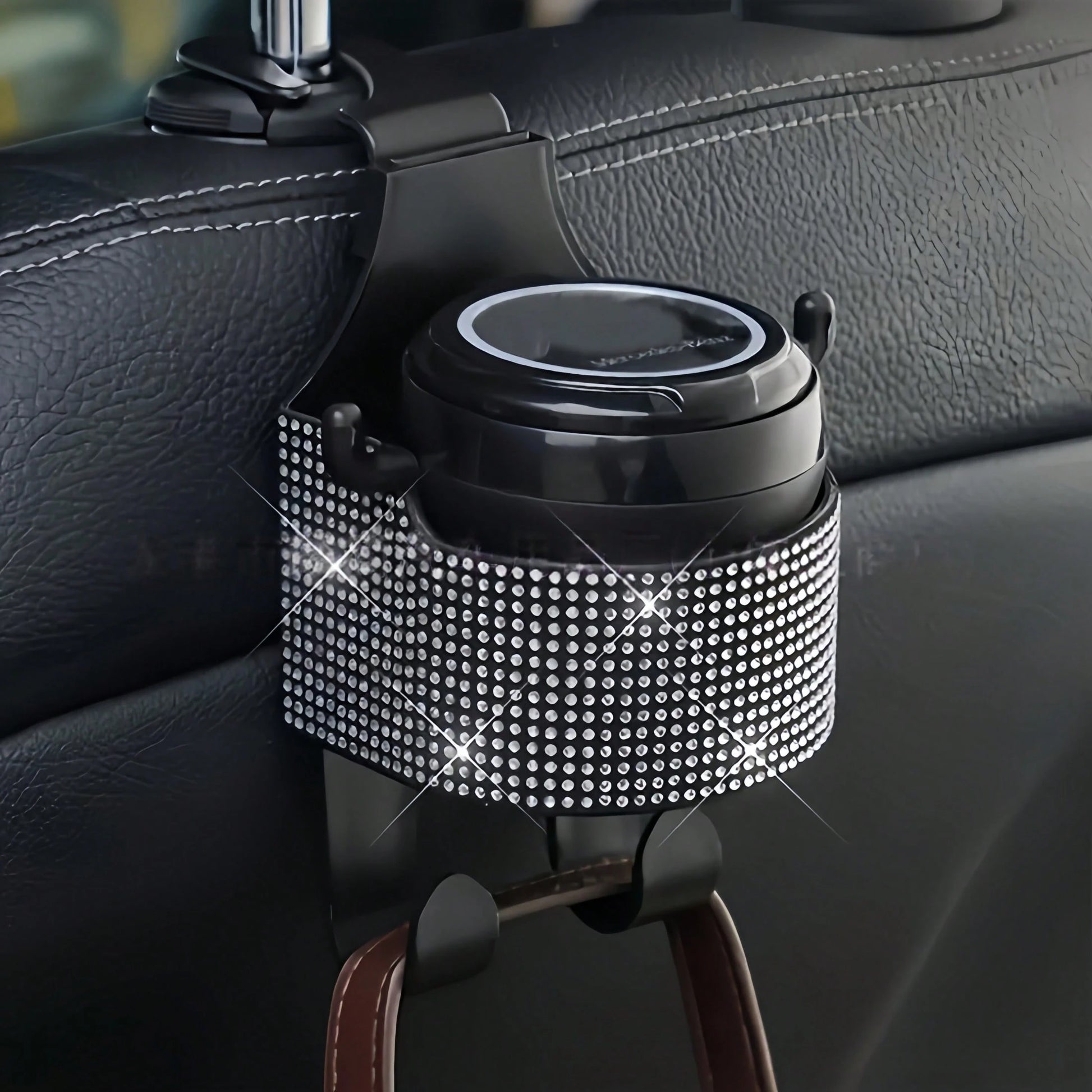 1pc New Rhinestone Multifunctional Car Seat Organizer Bag With Cup Holder, 2-In-1 Car Hook, Easy Installation- Durable ABS Material Storage Bag, Convenient To Carry