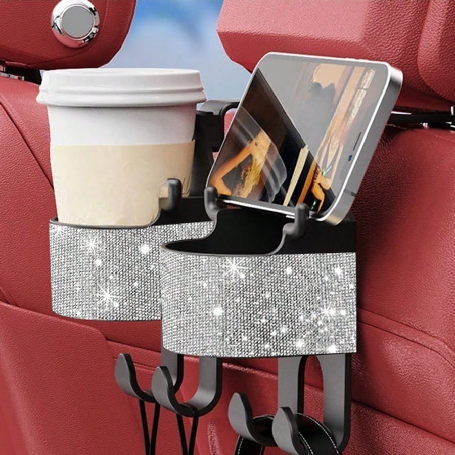 1pc New Rhinestone Multifunctional Car Seat Organizer Bag With Cup Holder, 2-In-1 Car Hook, Easy Installation- Durable ABS Material Storage Bag, Convenient To Carry