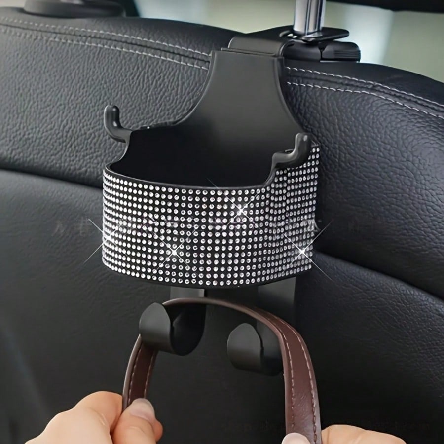 1pc New Rhinestone Multifunctional Car Seat Organizer Bag With Cup Holder, 2-In-1 Car Hook, Easy Installation- Durable ABS Material Storage Bag, Convenient To Carry