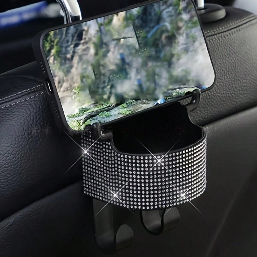 1pc New Rhinestone Multifunctional Car Seat Organizer Bag With Cup Holder, 2-In-1 Car Hook, Easy Installation- Durable ABS Material Storage Bag, Convenient To Carry