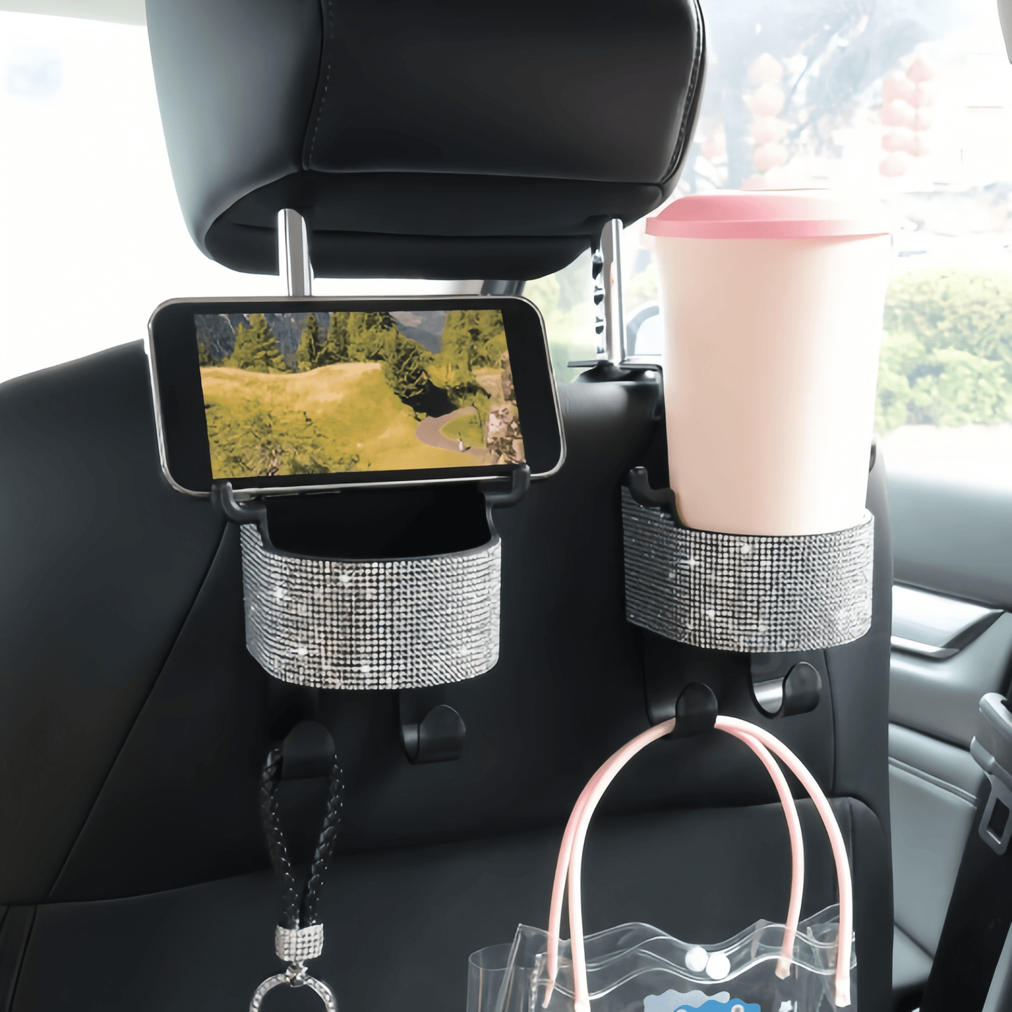 1pc New Rhinestone Multifunctional Car Seat Organizer Bag With Cup Holder, 2-In-1 Car Hook, Easy Installation- Durable ABS Material Storage Bag, Convenient To Carry