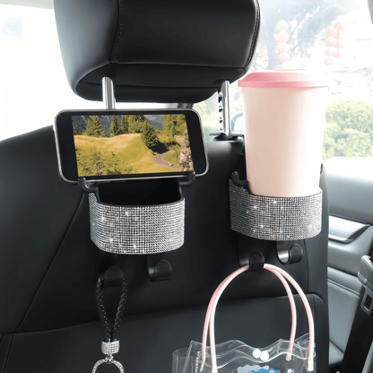 1pc New Rhinestone Multifunctional Car Seat Organizer Bag With Cup Holder, 2-In-1 Car Hook, Easy Installation- Durable ABS Material Storage Bag, Convenient To Carry