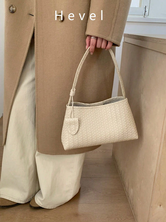 1pc New Solid Color Woven Baguette Bag With PU Strap, Fashion Women's Shoulder Bag For Daily Use, Shopping, Dating