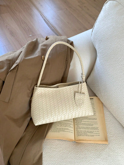 1pc New Solid Color Woven Baguette Bag With PU Strap, Fashion Women's Shoulder Bag For Daily Use, Shopping, Dating