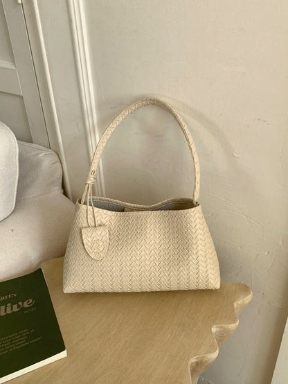1pc New Solid Color Woven Baguette Bag With PU Strap, Fashion Women's Shoulder Bag For Daily Use, Shopping, Dating