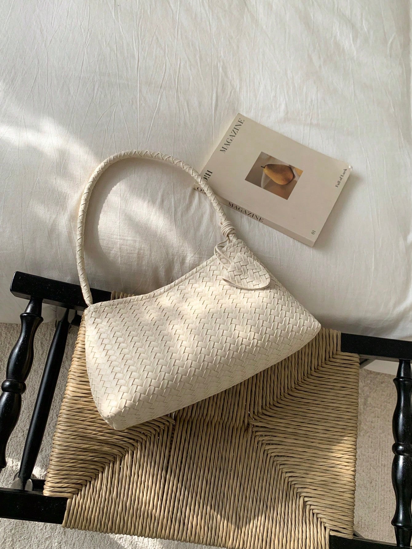 1pc New Solid Color Woven Baguette Bag With PU Strap, Fashion Women's Shoulder Bag For Daily Use, Shopping, Dating
