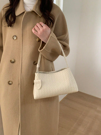 1pc New Solid Color Woven Baguette Bag With PU Strap, Fashion Women's Shoulder Bag For Daily Use, Shopping, Dating
