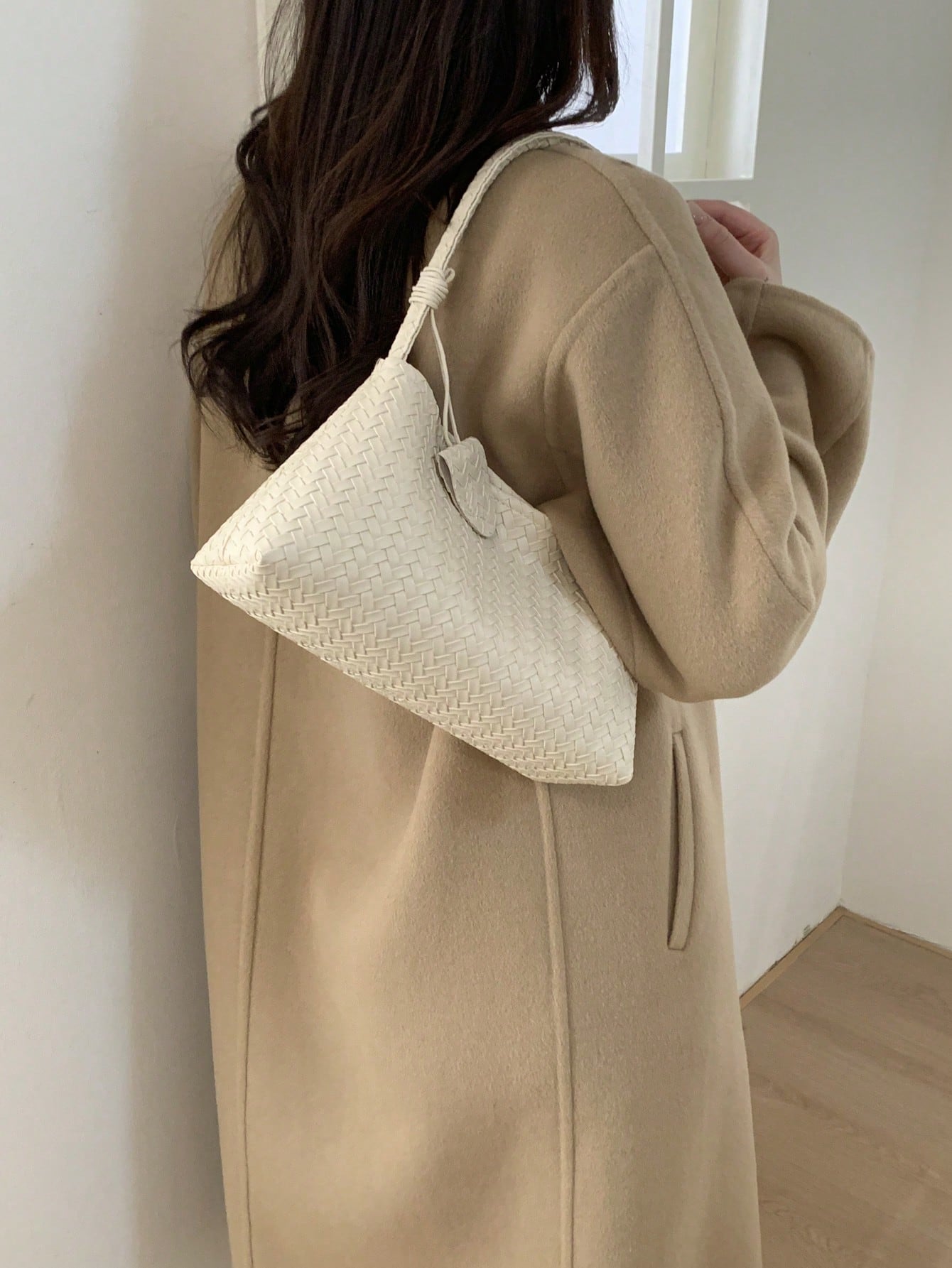 1pc New Solid Color Woven Baguette Bag With PU Strap, Fashion Women's Shoulder Bag For Daily Use, Shopping, Dating