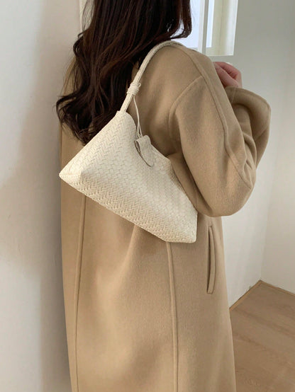 1pc New Solid Color Woven Baguette Bag With PU Strap, Fashion Women's Shoulder Bag For Daily Use, Shopping, Dating