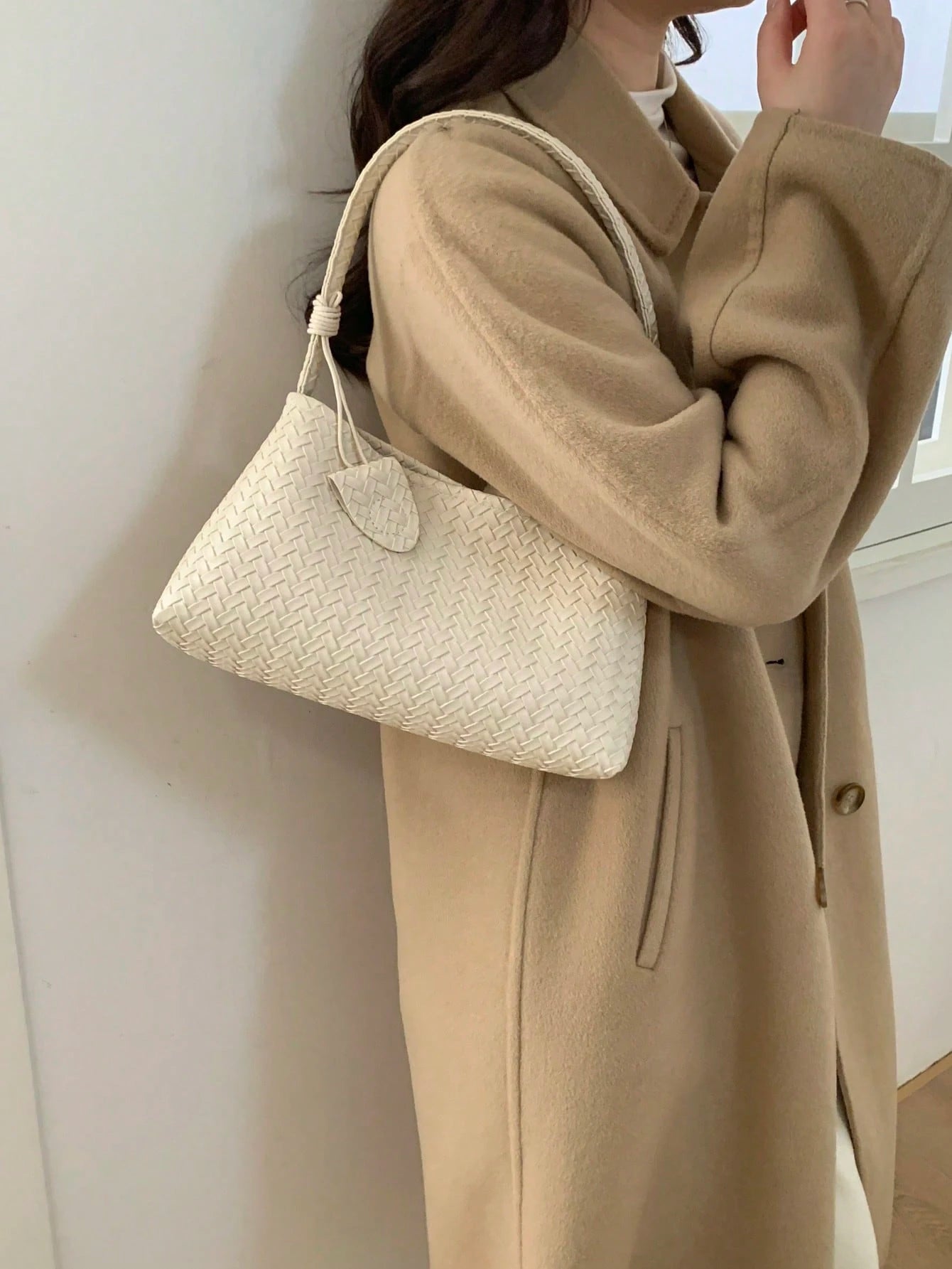 1pc New Solid Color Woven Baguette Bag With PU Strap, Fashion Women's Shoulder Bag For Daily Use, Shopping, Dating