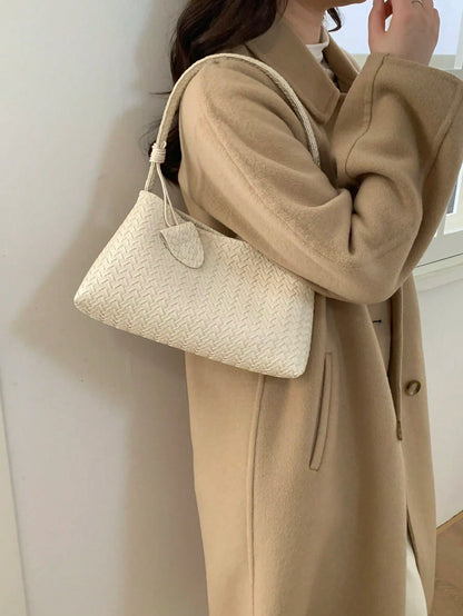 1pc New Solid Color Woven Baguette Bag With PU Strap, Fashion Women's Shoulder Bag For Daily Use, Shopping, Dating