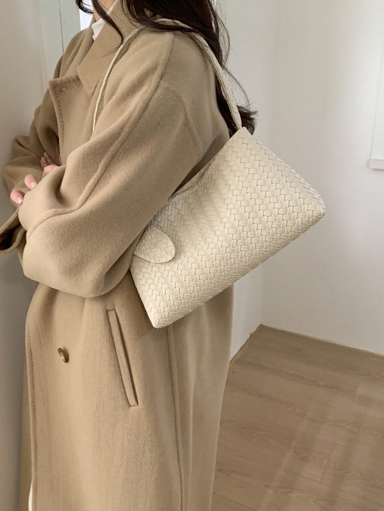 1pc New Solid Color Woven Baguette Bag With PU Strap, Fashion Women's Shoulder Bag For Daily Use, Shopping, Dating