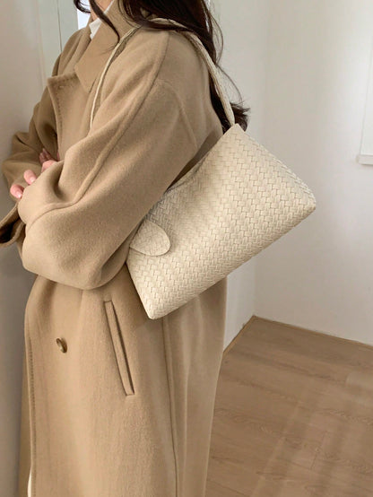1pc New Solid Color Woven Baguette Bag With PU Strap, Fashion Women's Shoulder Bag For Daily Use, Shopping, Dating