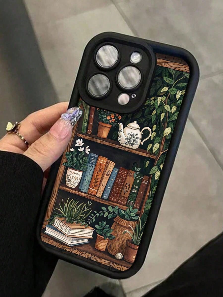 1pc Personalized Book Leaf Pattern Black Shockproof Anti-Fingerprint Full Coverage Phone Case Compatible With Iphone 16 Pro Max/16/16 Pro/16 Plus/15/15 Pro Max/15 Pro/11/12/13/14 Pro Max/11 Pro/11 Pro